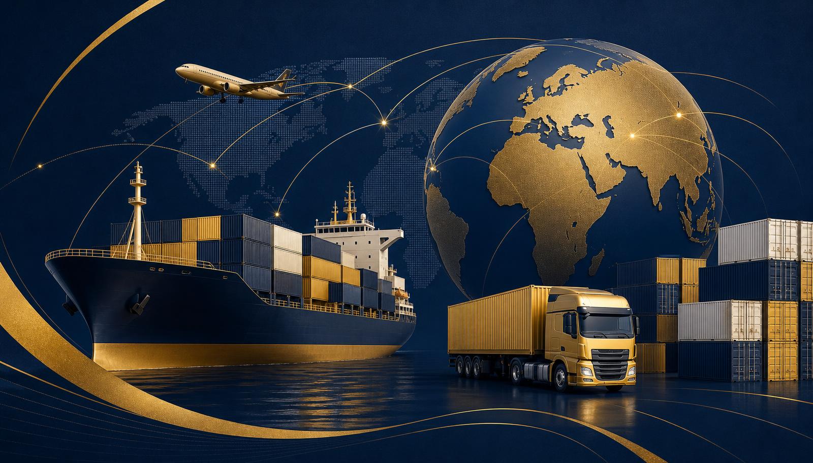 Global trade motifs: cargo ship, shipping containers, truck, airplane and globe